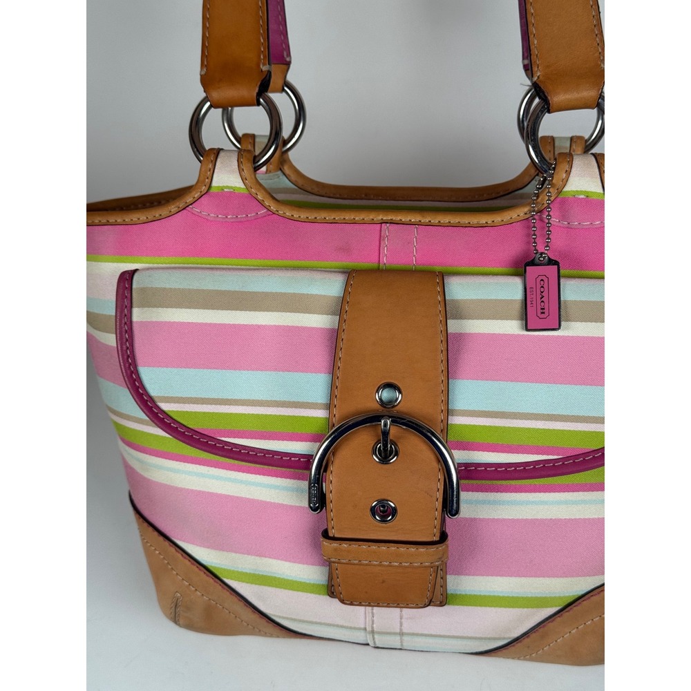 Coach Hampton Soho Buckle Multicolor Striped Twill Tote Bag Purse Vintage Y2K - Picture 3 of 8